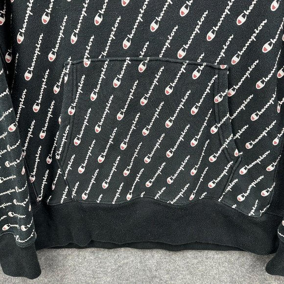 Champion Jumper Mens Large All Over Print Reverse Weave Hoodie Pullover Black - Picture 3 of 11